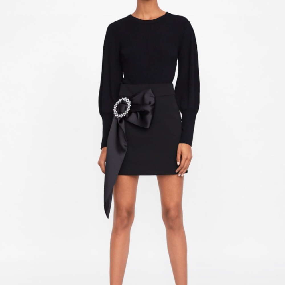 Zara Black Embellished Mini Skirt w Bow XS NWT